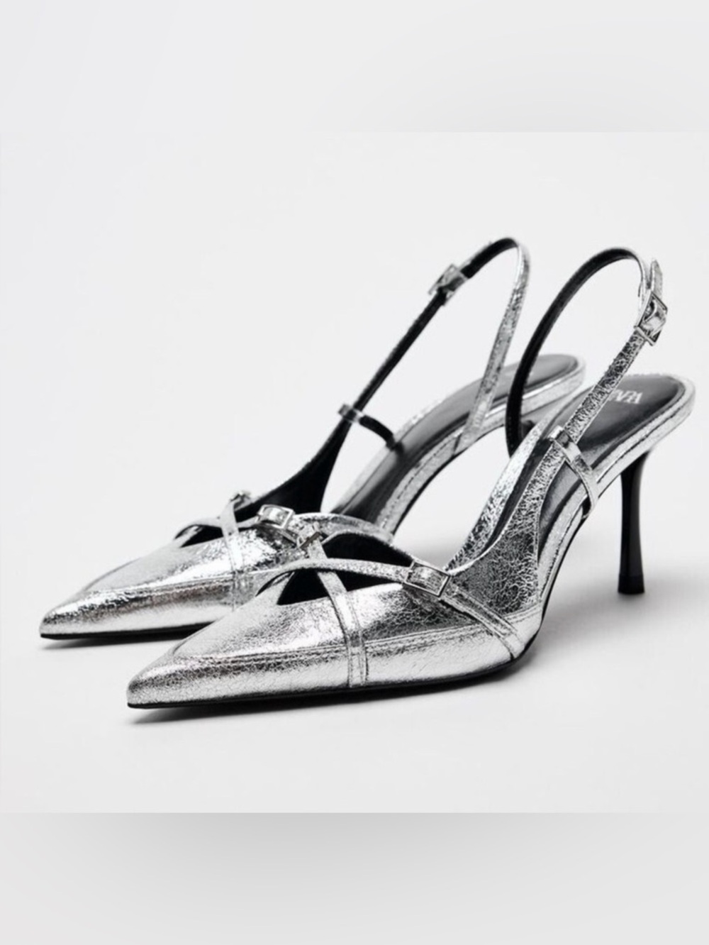 Zara Metallic Silver Pointed Slingback Heels